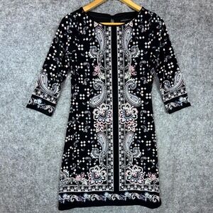 White House Black Market Shift Dress Womens XS Black Paisley Print 3/4 Sleeve